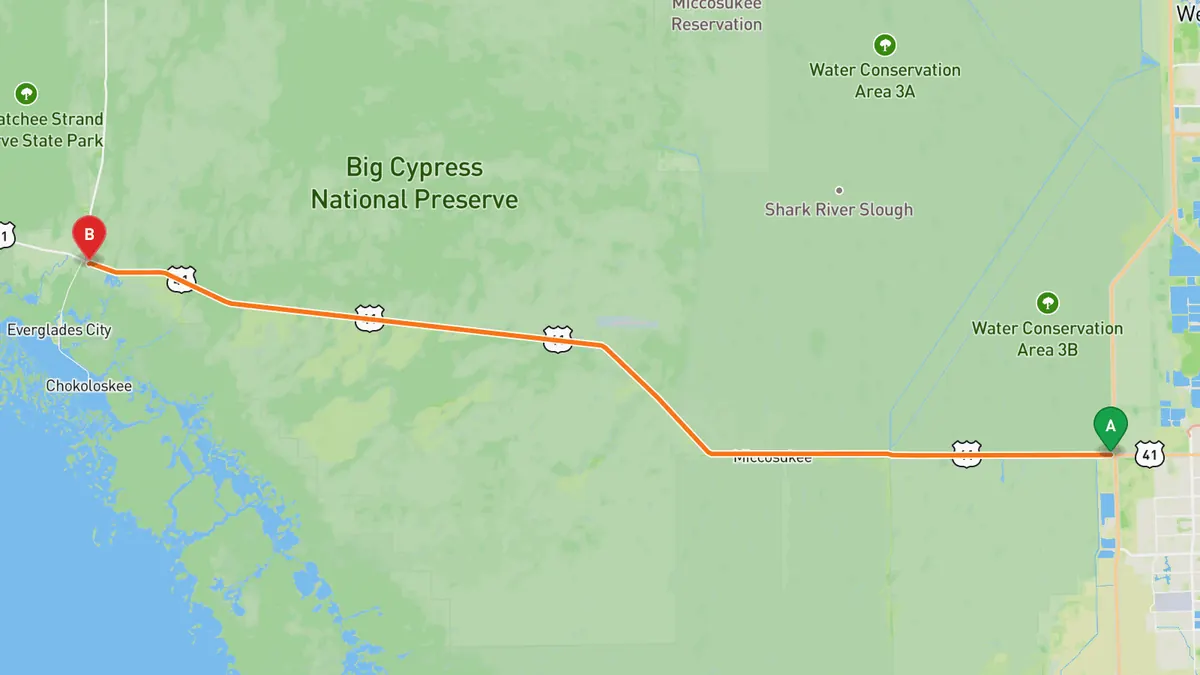 Map of Tamiami Trail (US 41) across the Everglades from Krome Avenue, west edge of Miami to SR 29 junction at Carnestown, near Everglades City