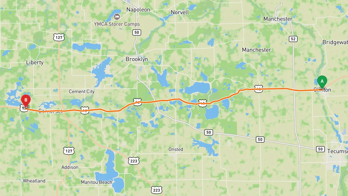 Map of US 12 through the Irish Hills from Clinton to Somerset Center