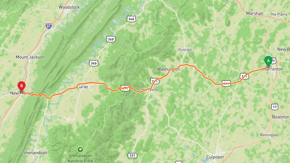 Map of US 211 over Massanutten and Thornton Gap from Warrenton, VA to New Market, VA (I-81), via Sperryville, Thornton Gap, Luray and New Market Gap