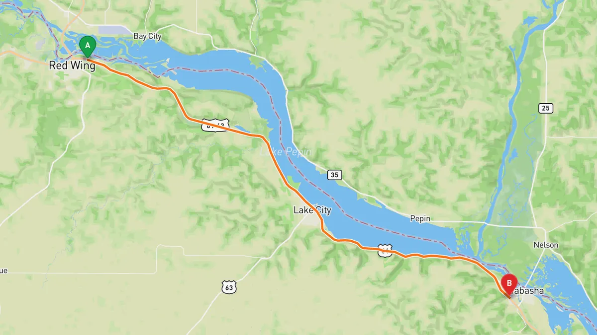 Map of Great River Road (US 61), Red Wing to Wabasha from Red Wing, MN to Wabasha, MN