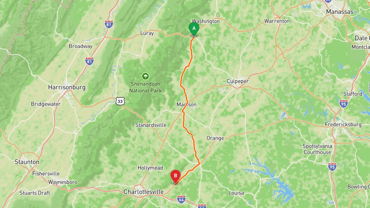 Map of Virginia Route 231 (F.T. Valley Road) from Near Sperryville, VA (US 522) to Cismont, VA (VA 22), via Etlan, Madison and Gordonsville