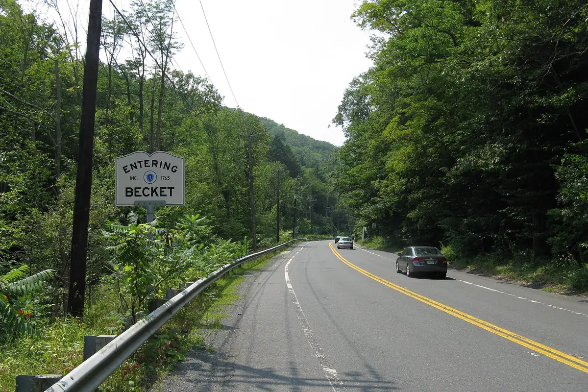 US 20, the Jacob's Ladder Trail, winding through wooded hills at the Becket town line in the Berkshires