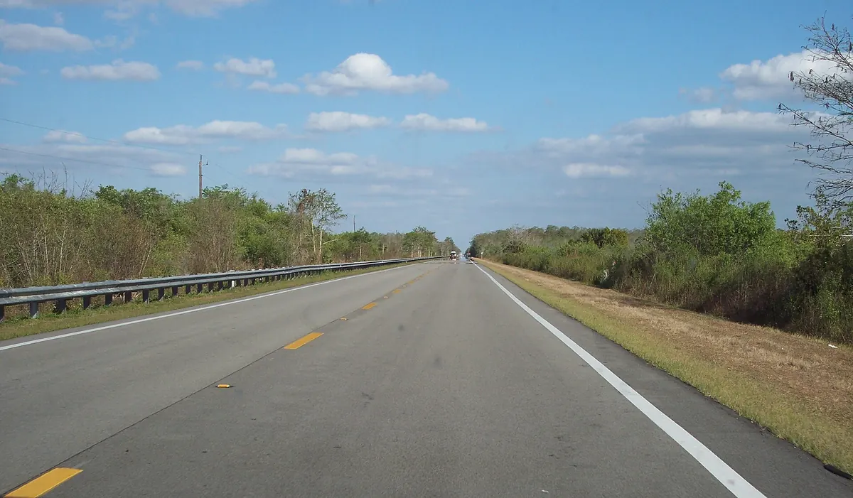 Straight two-lane Tamiami Trail through low brush in Big Cypress National Preserve under a blue sky