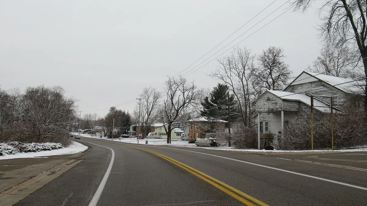 US 12 curving through the village of Somerset Center in the Irish Hills of southern Michigan